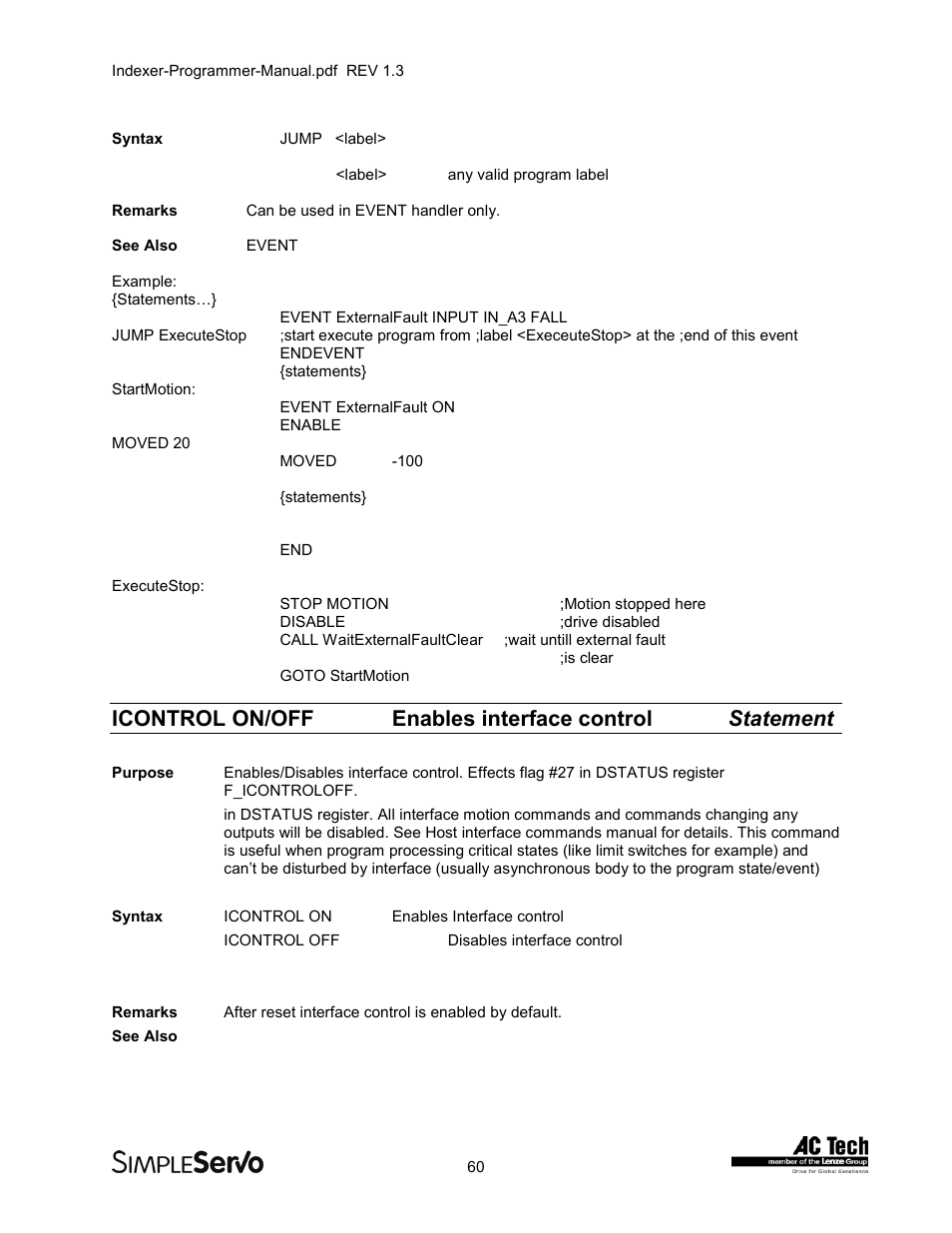 Icontrol on/offenables interface control statement, Icontrol on/off, Enables interface control statement | Lenze PMSS1000 Simple Servo User Manual | Page 60 / 72