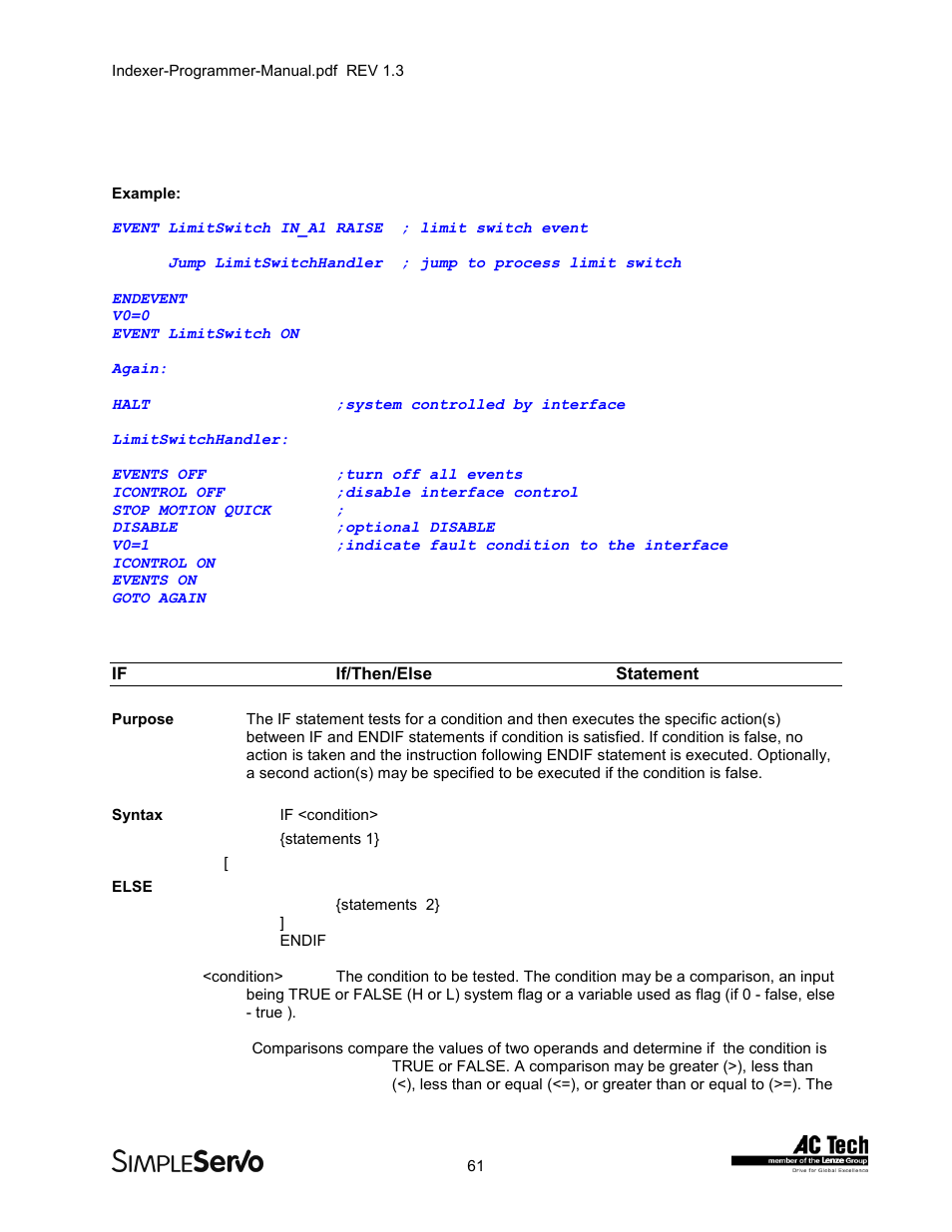 Ifif/then/else statement, If/then/else statement | Lenze PMSS1000 Simple Servo User Manual | Page 61 / 72