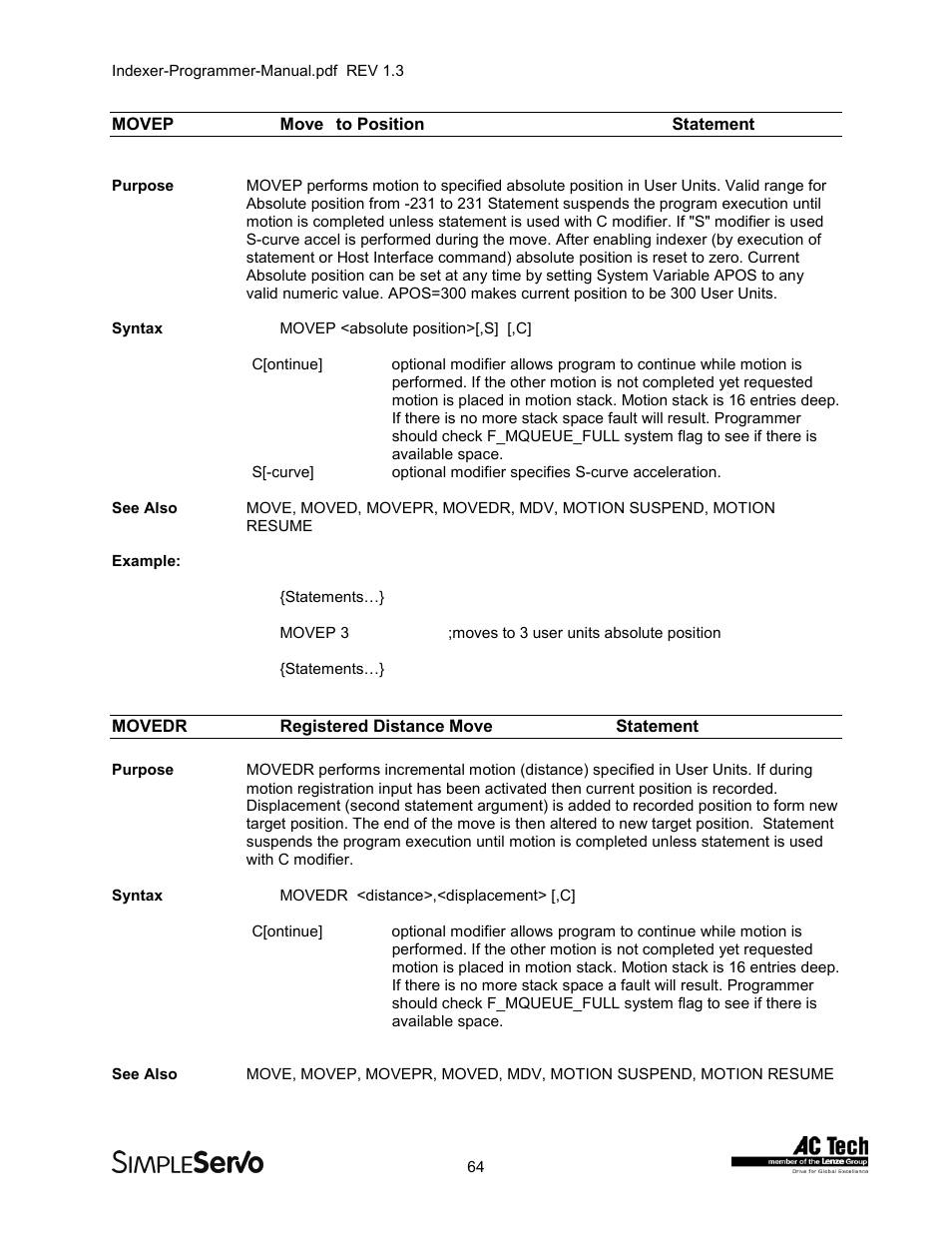 Movepmoveto position statement, Movedrregistered distance move statement, Movep | Move to position statement, Movedr, Registered distance move statement | Lenze PMSS1000 Simple Servo User Manual | Page 64 / 72