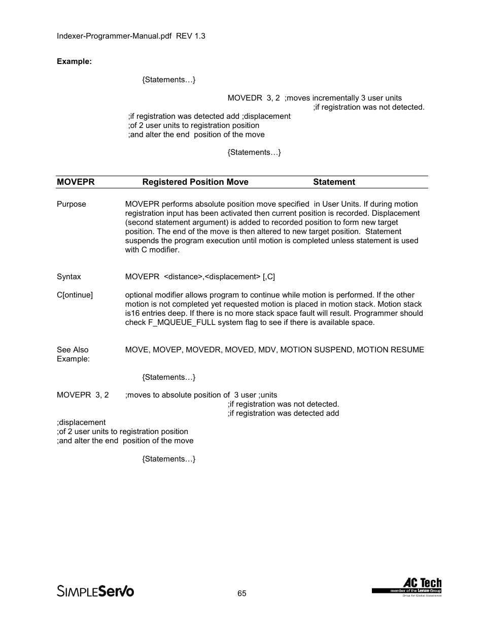 Moveprregistered position move statement, Movepr, Registered position move statement | Lenze PMSS1000 Simple Servo User Manual | Page 65 / 72