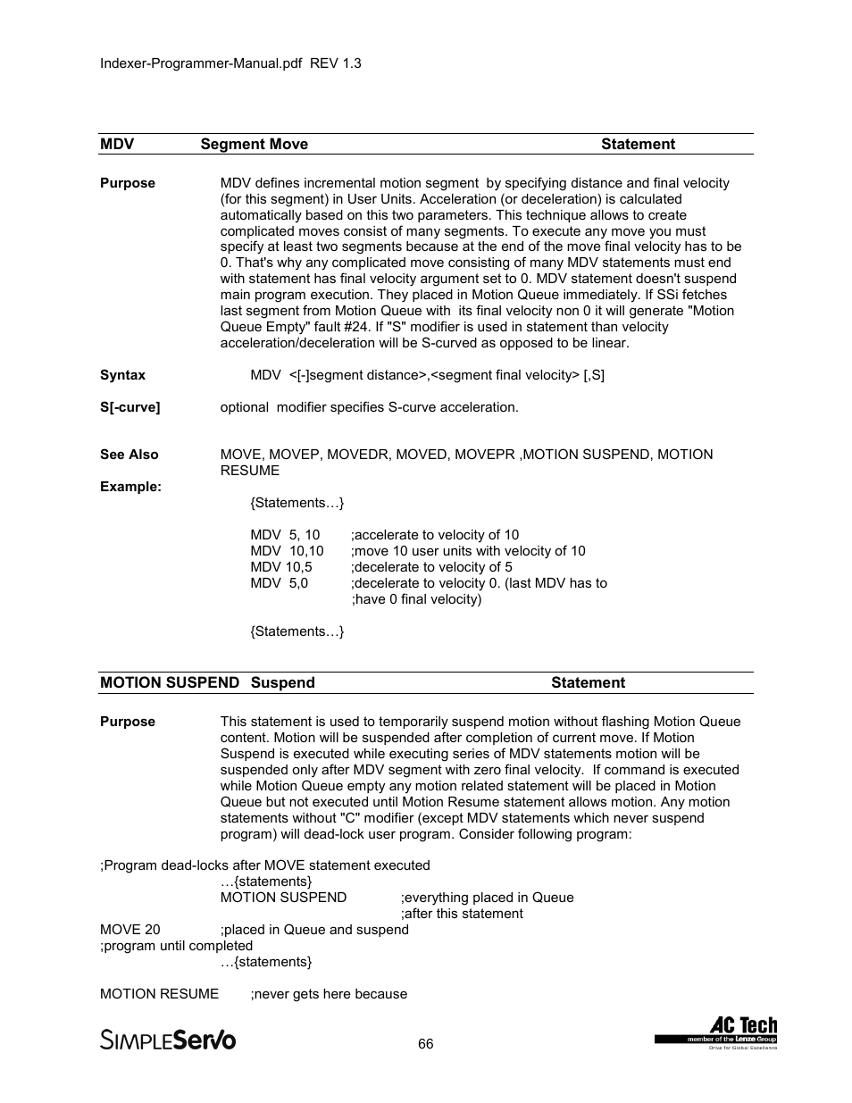 Mdvsegment move statement, Motion suspend suspend statement, Segment move statement | Motion suspend, Suspend statement | Lenze PMSS1000 Simple Servo User Manual | Page 66 / 72