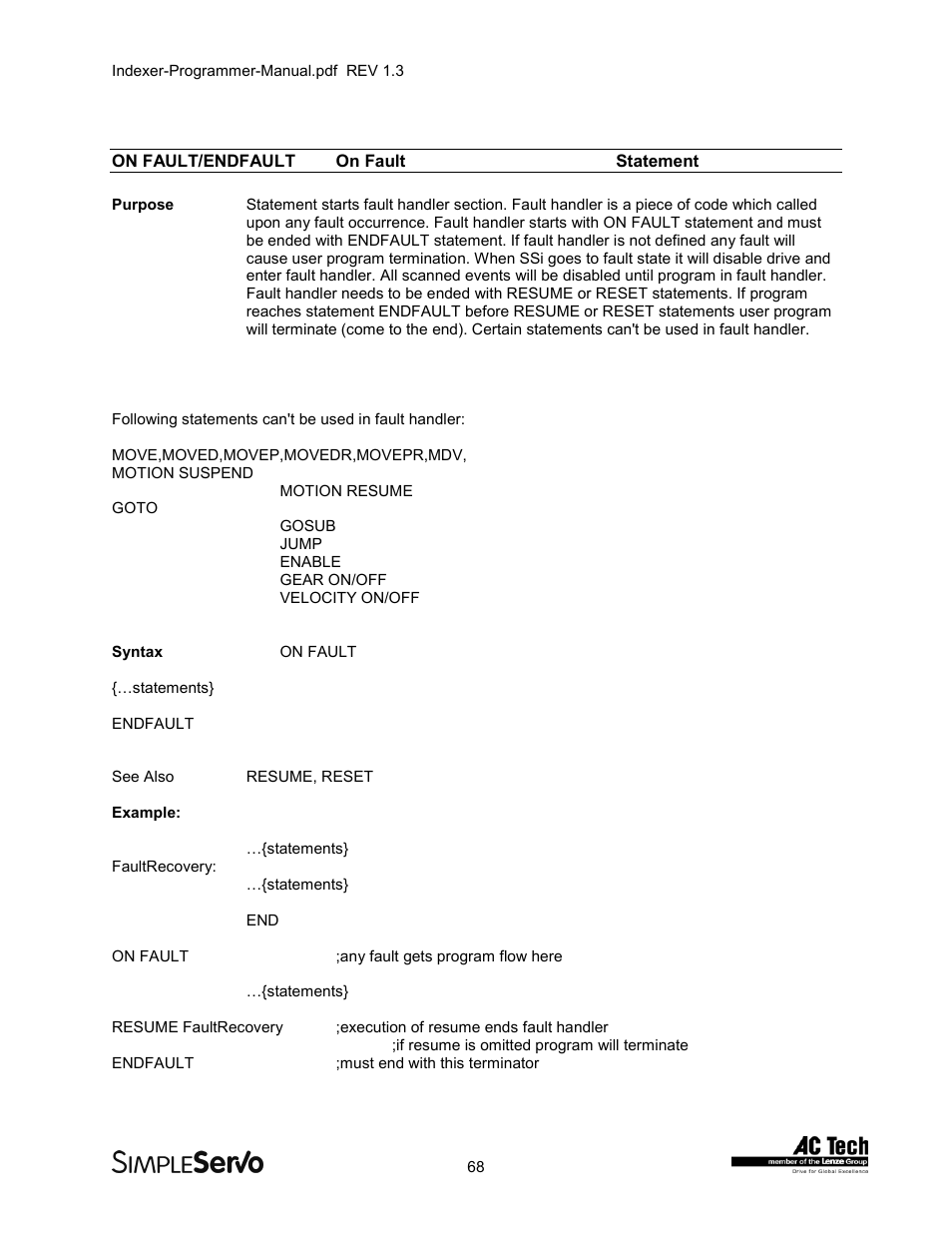 On fault/endfaulton fault statement, On fault/endfault, On fault statement | Lenze PMSS1000 Simple Servo User Manual | Page 68 / 72