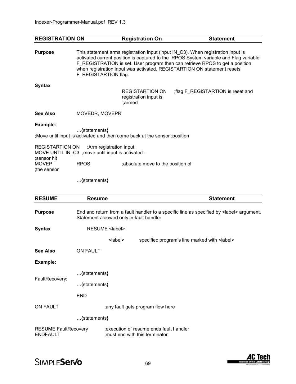 Registration on registration onstatement, Resume resume statement, Registration on | Registration on statement, Resume, Resume statement | Lenze PMSS1000 Simple Servo User Manual | Page 69 / 72