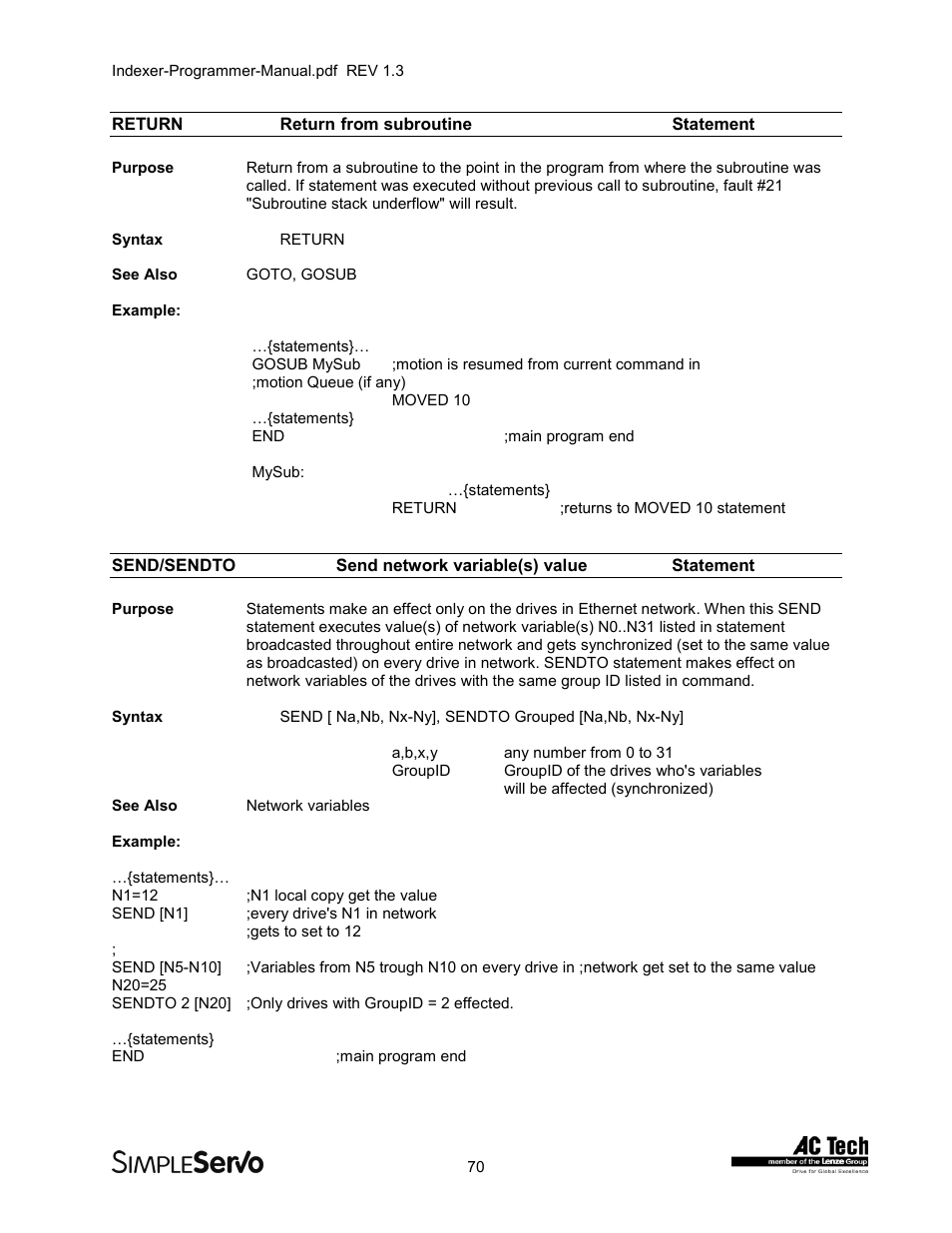 Return return from subroutinestatement, Return, Return from subroutine statement | Send/sendto, Send network variable(s) value statement | Lenze PMSS1000 Simple Servo User Manual | Page 70 / 72