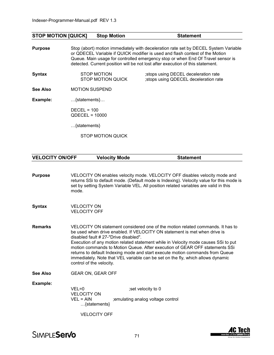 Stop motion [quick]stop motionstatement, Velocity on/offvelocity mode statement, Stop motion [quick | Stop motion statement, Velocity on/off, Velocity mode statement | Lenze PMSS1000 Simple Servo User Manual | Page 71 / 72