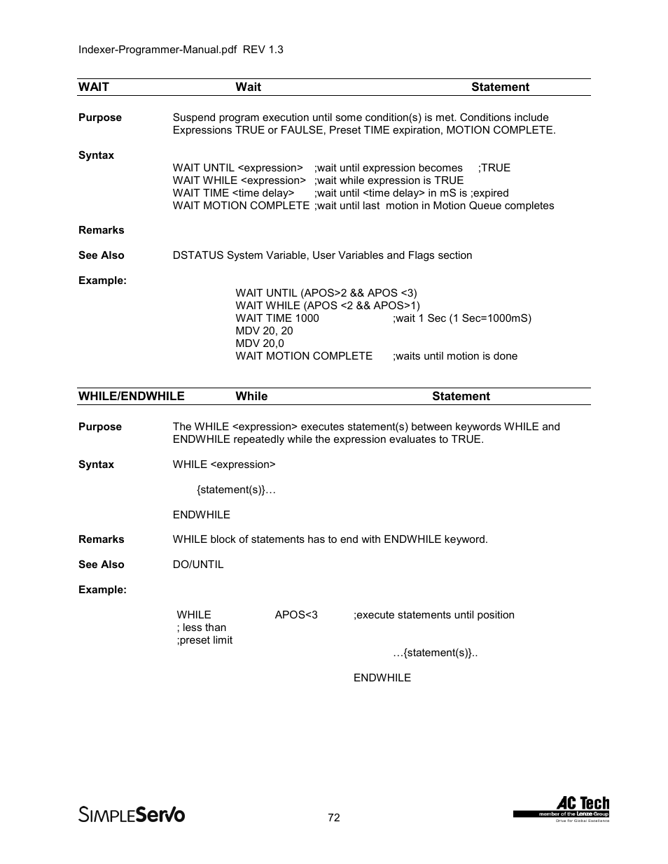 Waitwait statement, While/endwhilewhile statement, Wait | Wait statement, While/endwhile, While statement | Lenze PMSS1000 Simple Servo User Manual | Page 72 / 72