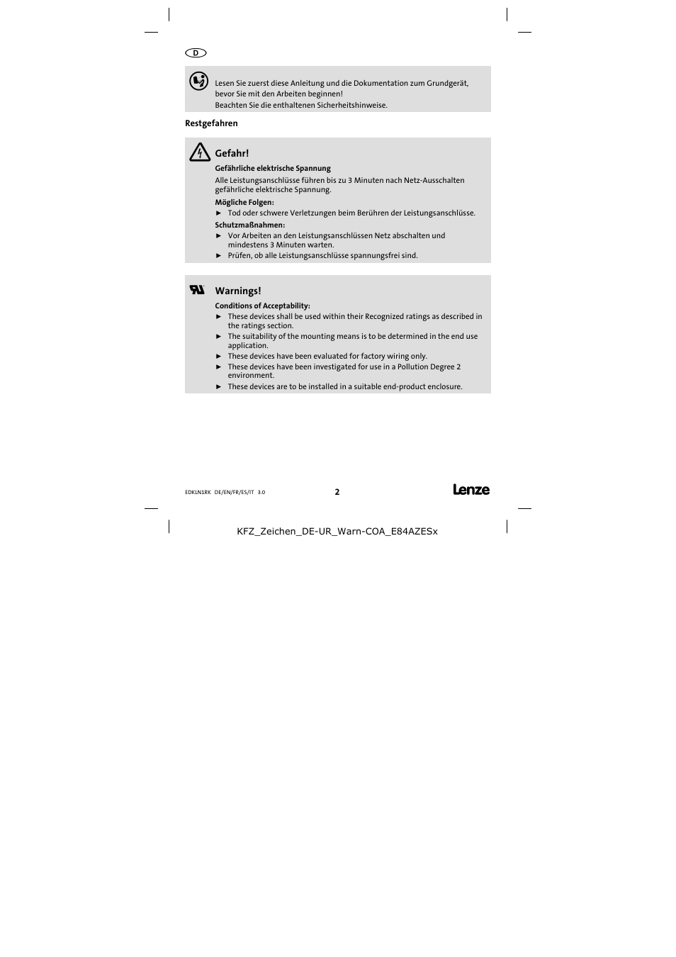 Restgefahren | Lenze ELN1−0250H018 User Manual | Page 2 / 14