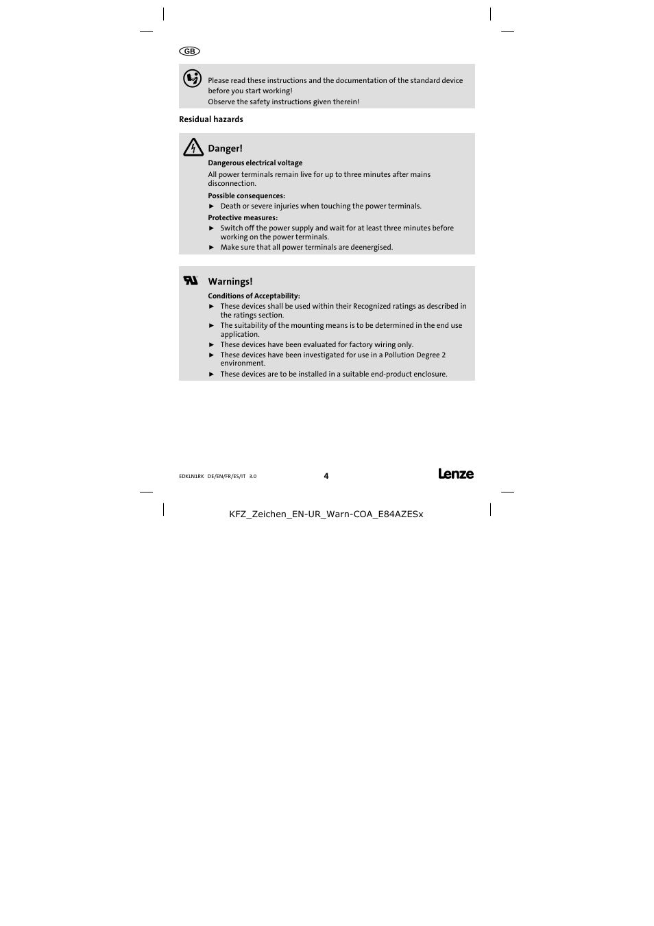 Residual hazards | Lenze ELN1−0250H018 User Manual | Page 4 / 14
