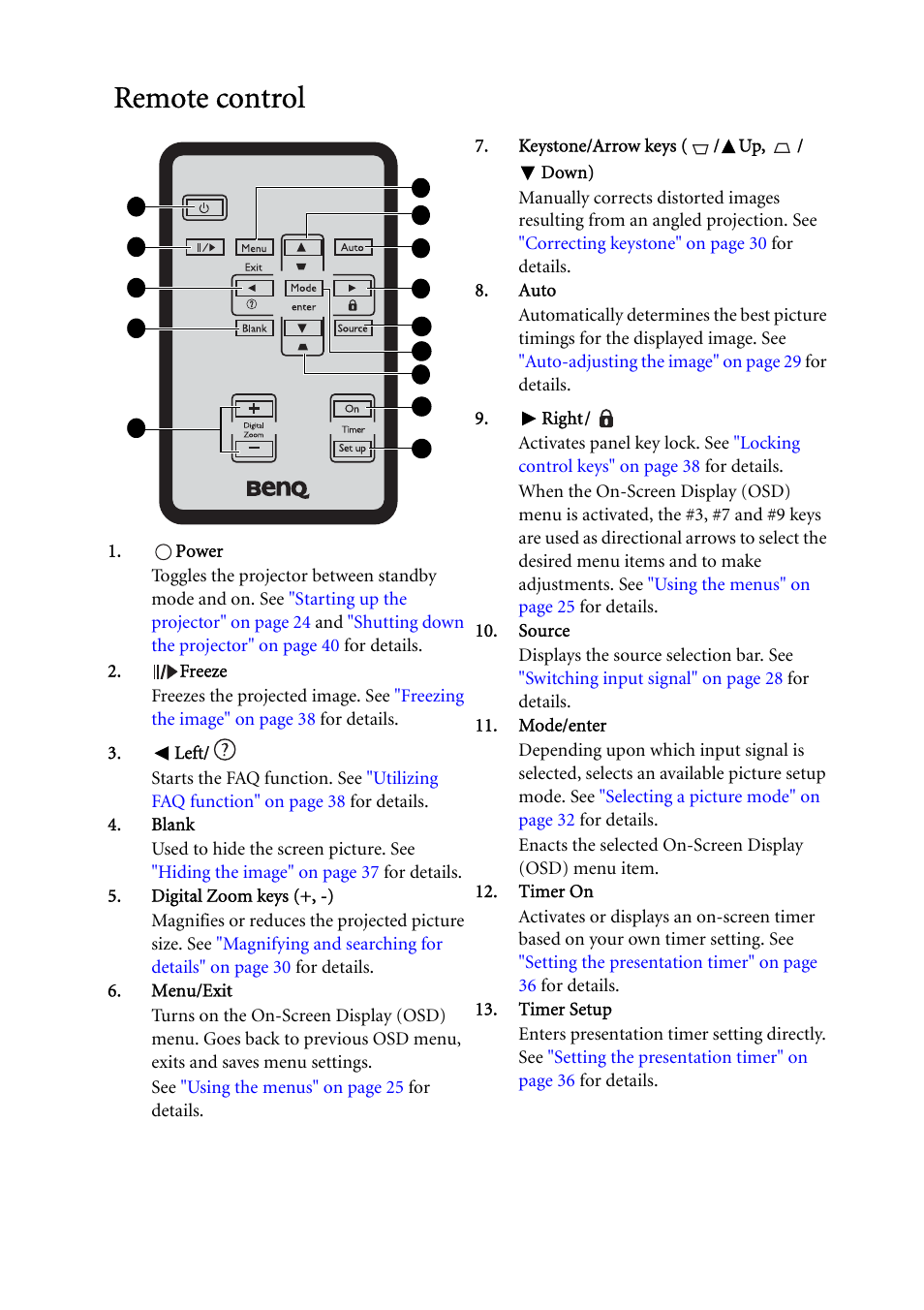 Remote control | BenQ MP624 User Manual | Page 11 / 62