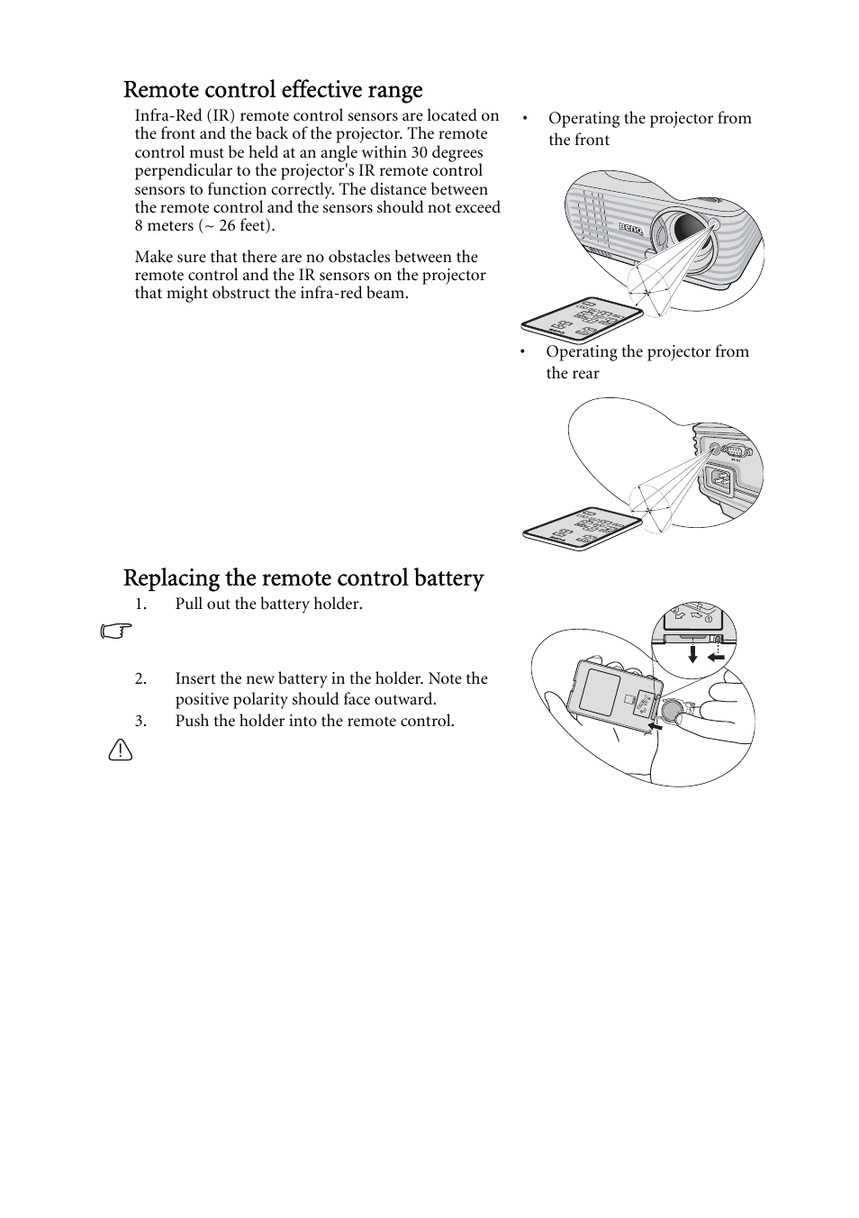 Remote control effective range, Replacing the remote control battery | BenQ MP624 User Manual | Page 12 / 62