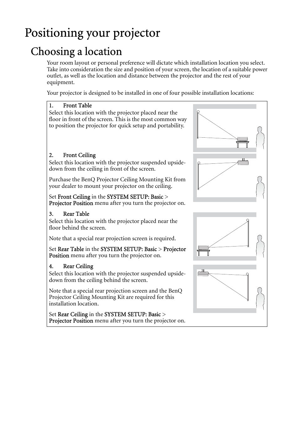 Positioning your projector, Choosing a location, Positioning your projector13 | BenQ MP624 User Manual | Page 13 / 62