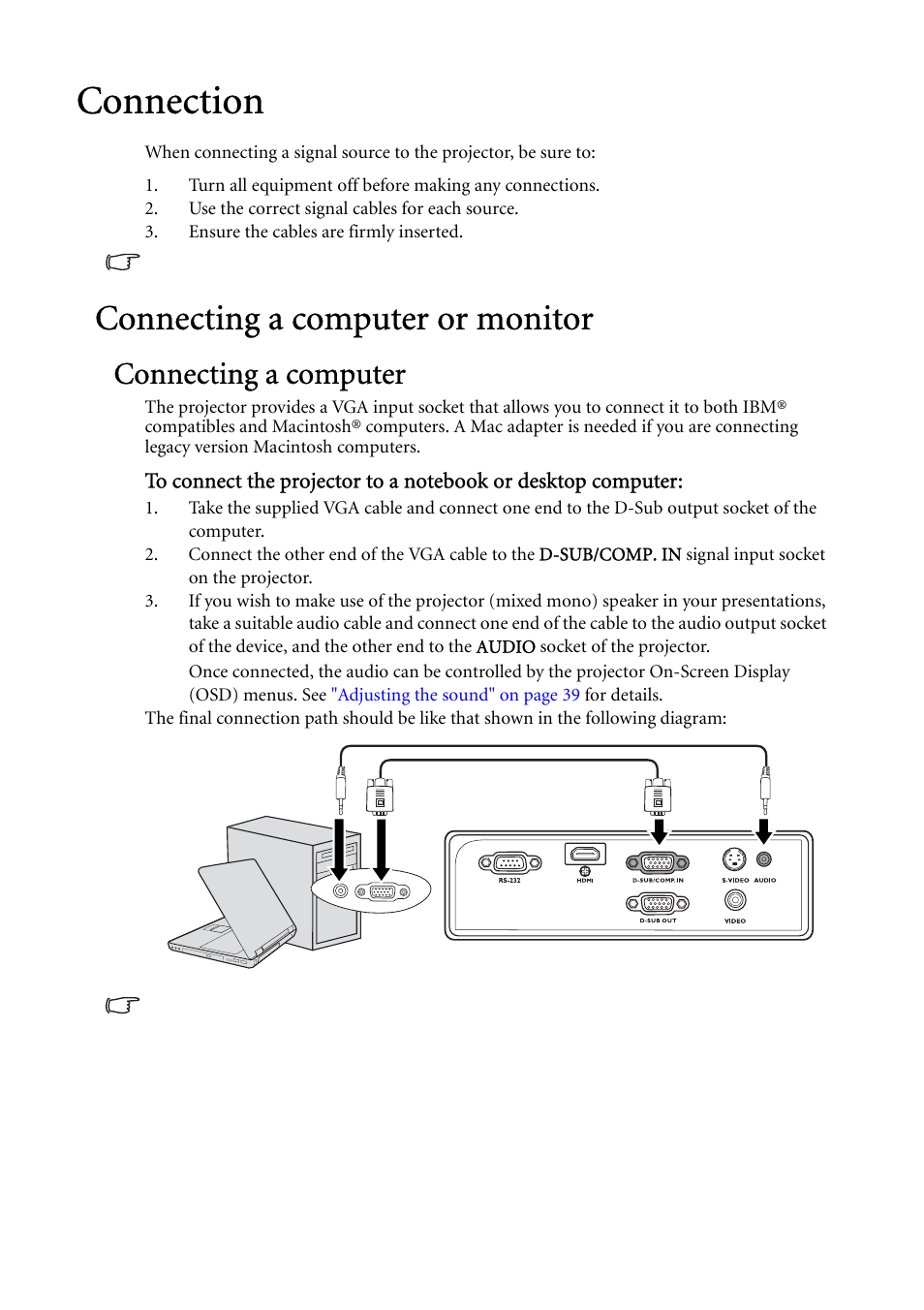 Connection, Connecting a computer or monitor, Connecting a computer | BenQ MP624 User Manual | Page 17 / 62