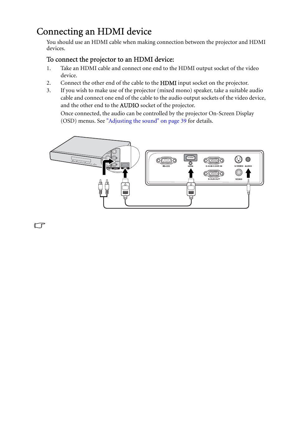 Connecting an hdmi device | BenQ MP624 User Manual | Page 20 / 62