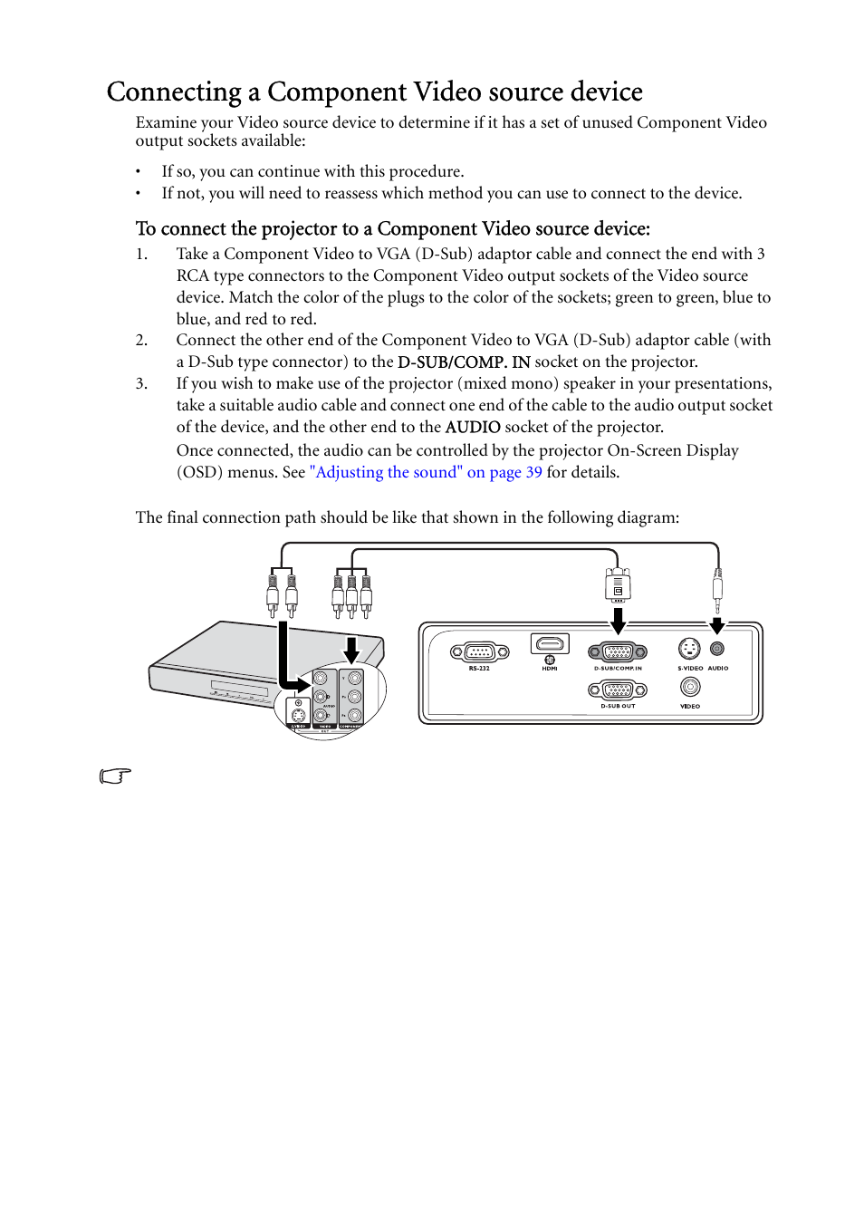Connecting a component video source device, For h | BenQ MP624 User Manual | Page 21 / 62