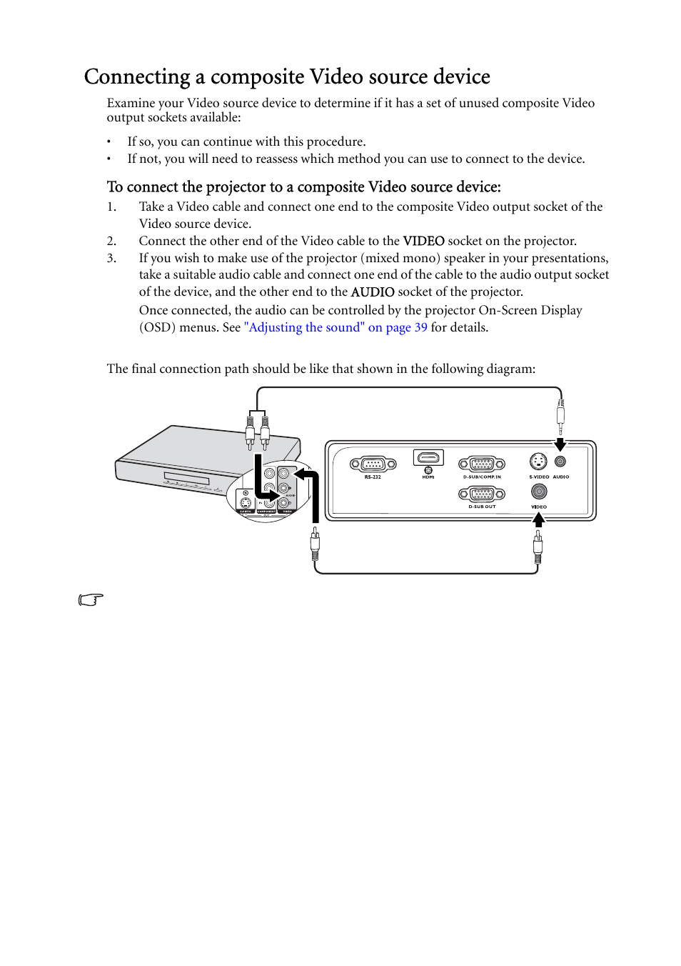 Connecting a composite video source device | BenQ MP624 User Manual | Page 23 / 62