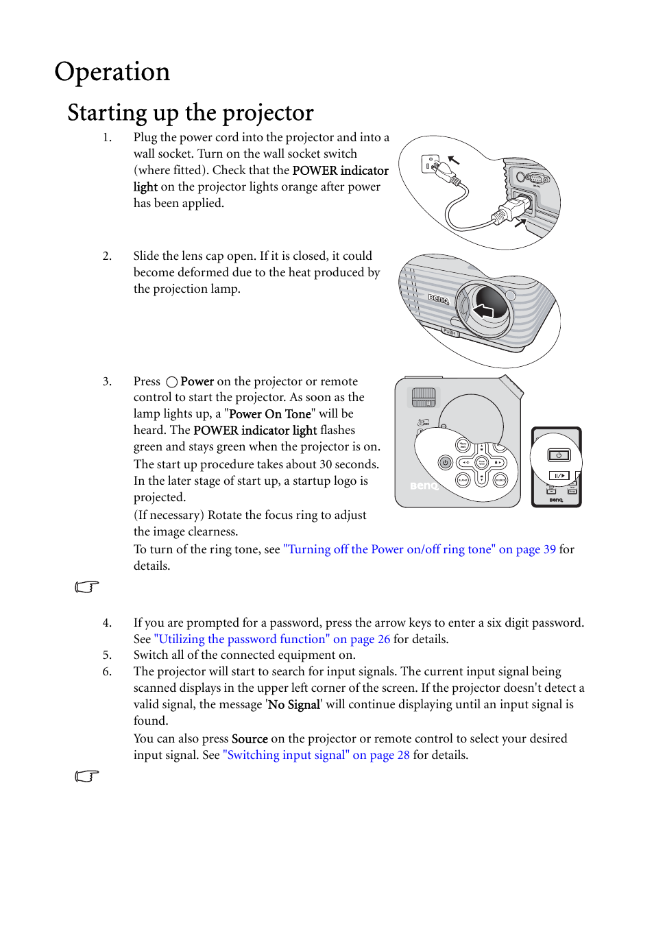 Operation, Starting up the projector, Starting up the | BenQ MP624 User Manual | Page 24 / 62