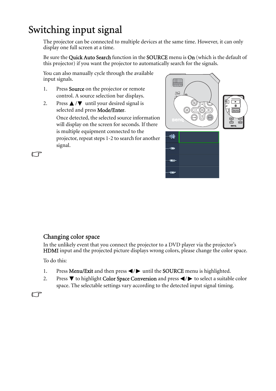 Switching input signal, Changing color space | BenQ MP624 User Manual | Page 28 / 62