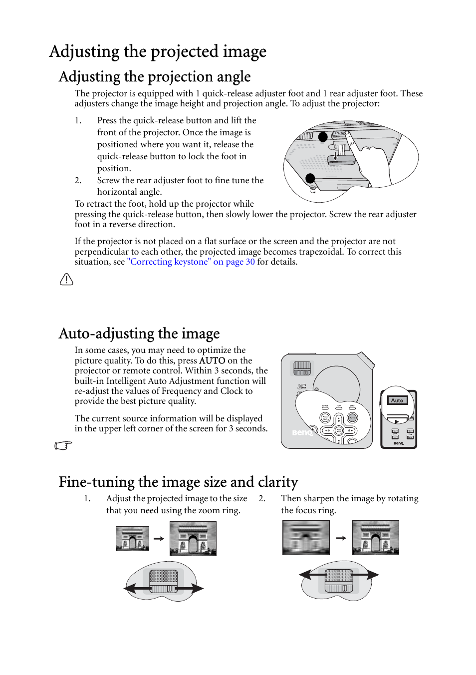 Adjusting the projected image, Adjusting the projection angle, Auto-adjusting the image | Fine-tuning the image size and clarity, Fine | BenQ MP624 User Manual | Page 29 / 62