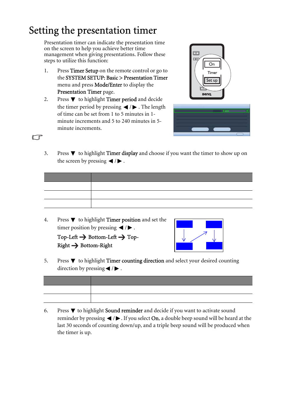 Setting the presentation timer, Setting the presentation timer" on | BenQ MP624 User Manual | Page 36 / 62