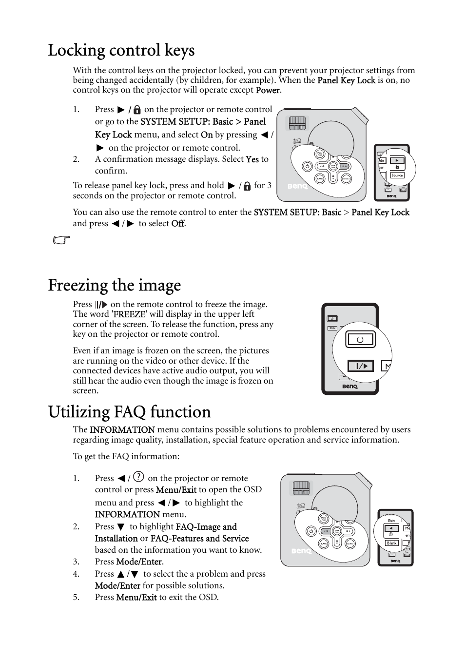 Locking control keys, Freezing the image, Utilizing faq function | Locking, Utilizing faq, For detail, Freezing, On. see, Utilizing | BenQ MP624 User Manual | Page 38 / 62