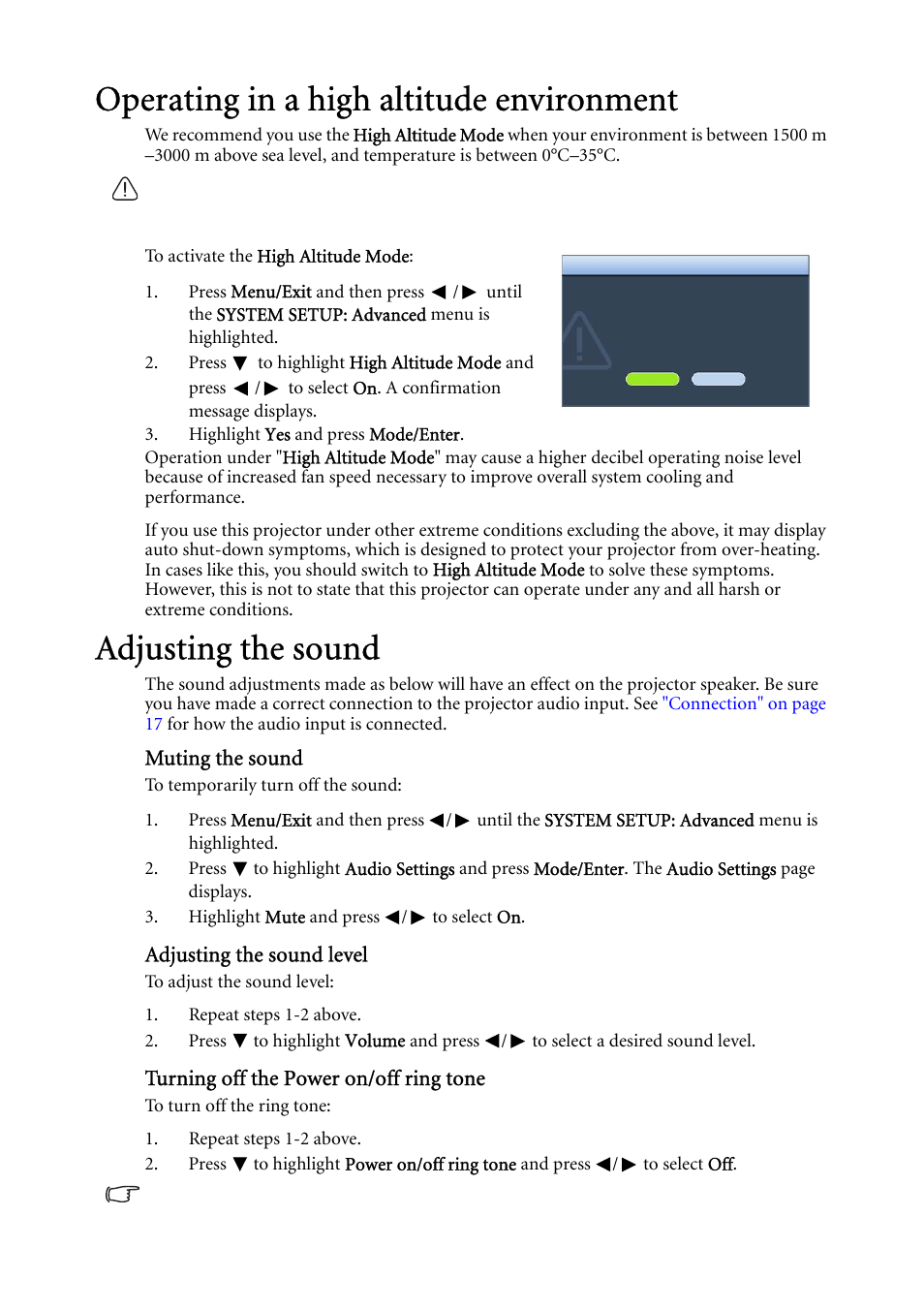 Operating in a high altitude environment, Adjusting the sound, Ne, see | BenQ MP624 User Manual | Page 39 / 62
