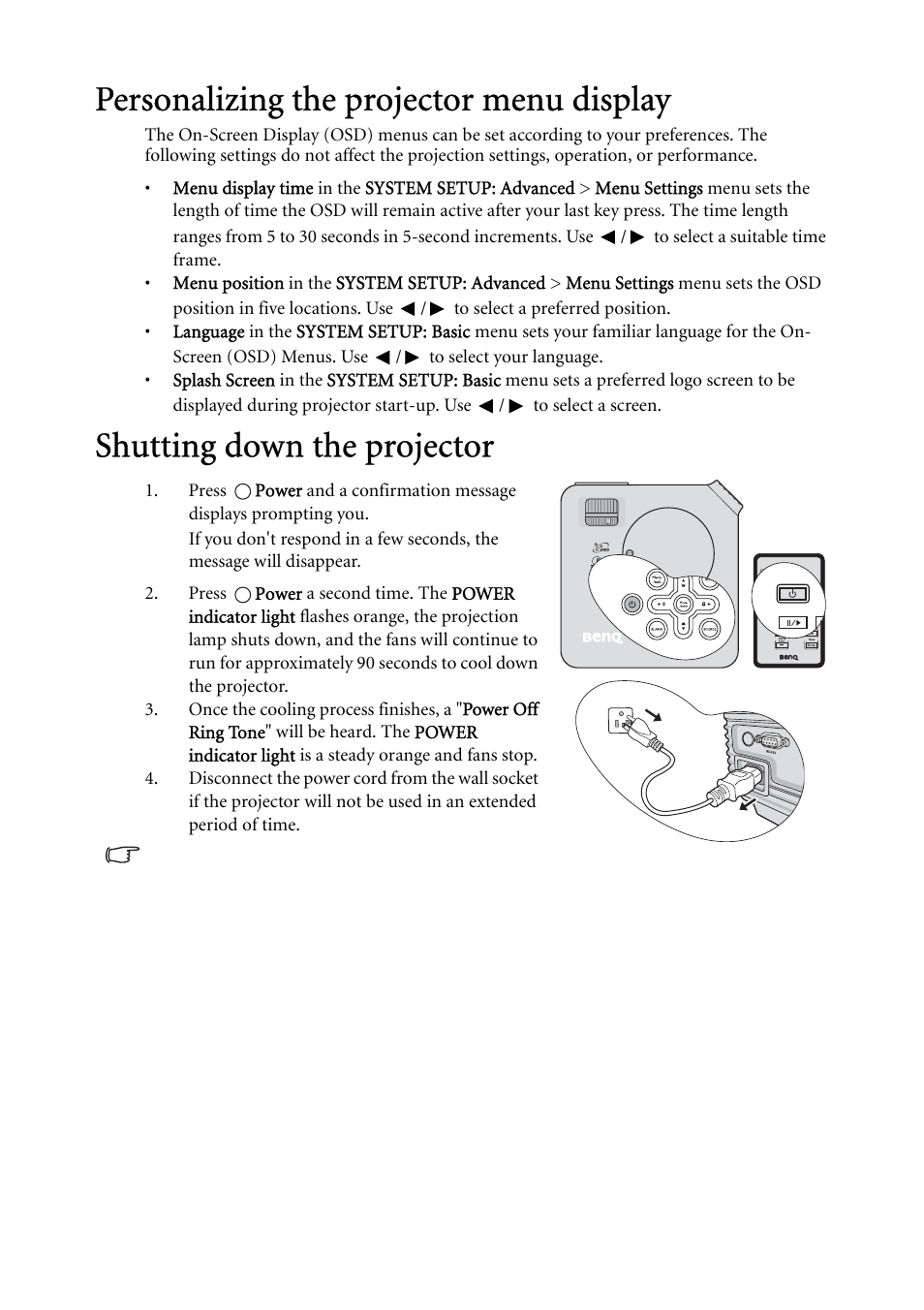 Personalizing the projector menu display, Shutting down the projector, Shutting down | BenQ MP624 User Manual | Page 40 / 62