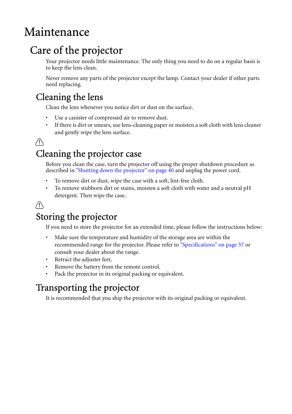 Maintenance, Care of the projector, Cleaning the lens | Cleaning the projector case, Storing the projector, Transporting the projector | BenQ MP624 User Manual | Page 49 / 62
