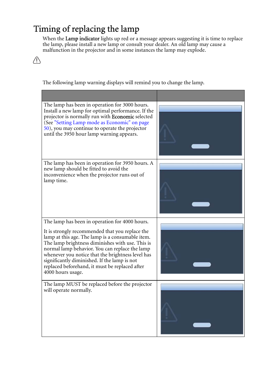 Timing of replacing the lamp, Status message | BenQ MP624 User Manual | Page 51 / 62