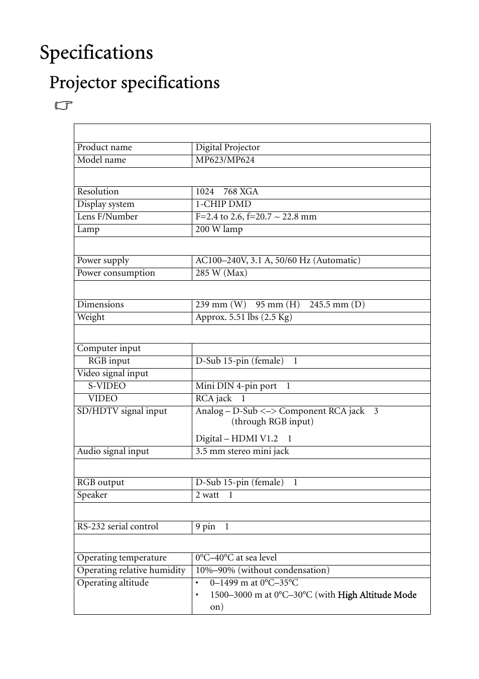 Specifications, Projector specifications | BenQ MP624 User Manual | Page 57 / 62