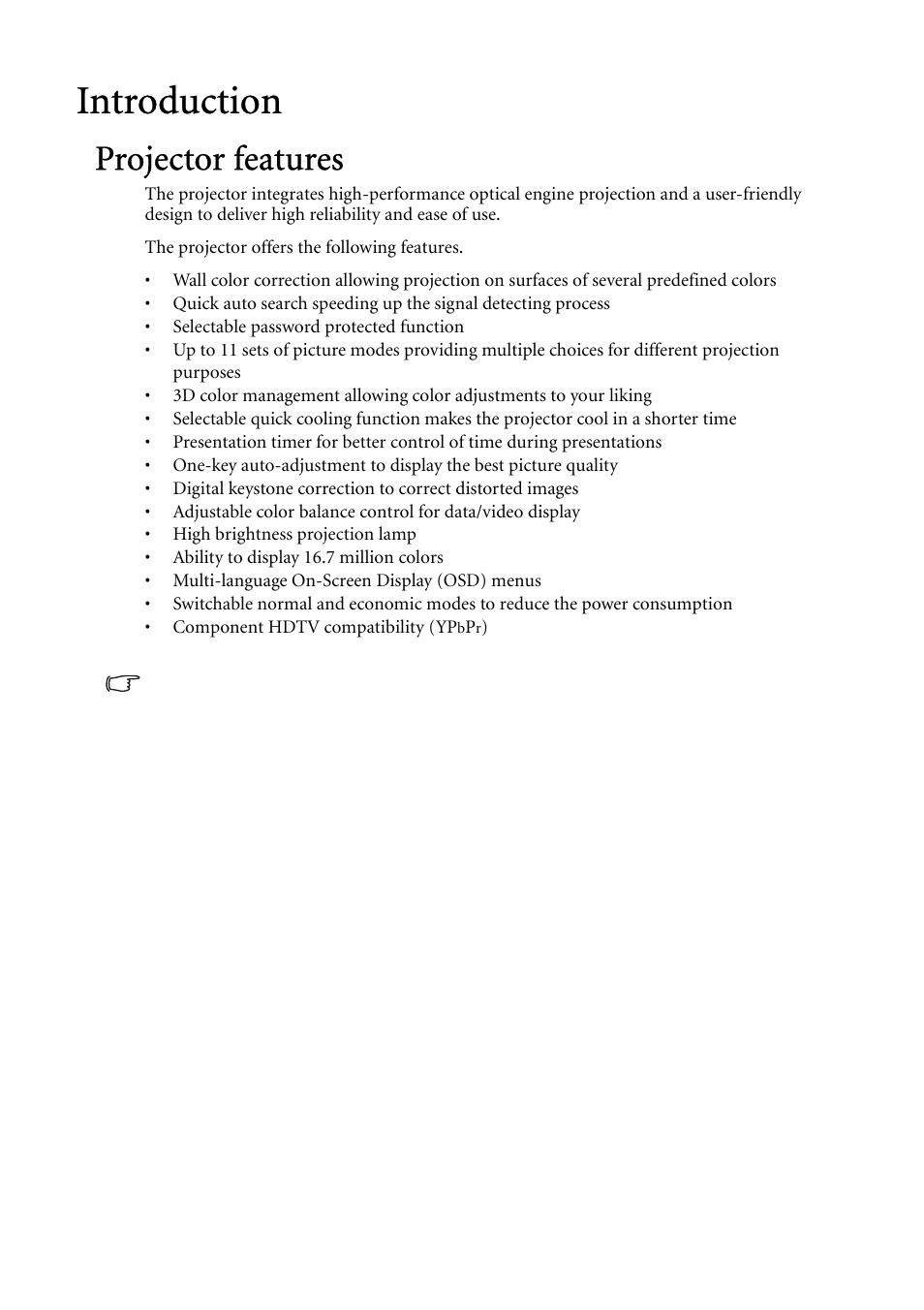 Introduction, Projector features | BenQ MP624 User Manual | Page 7 / 62