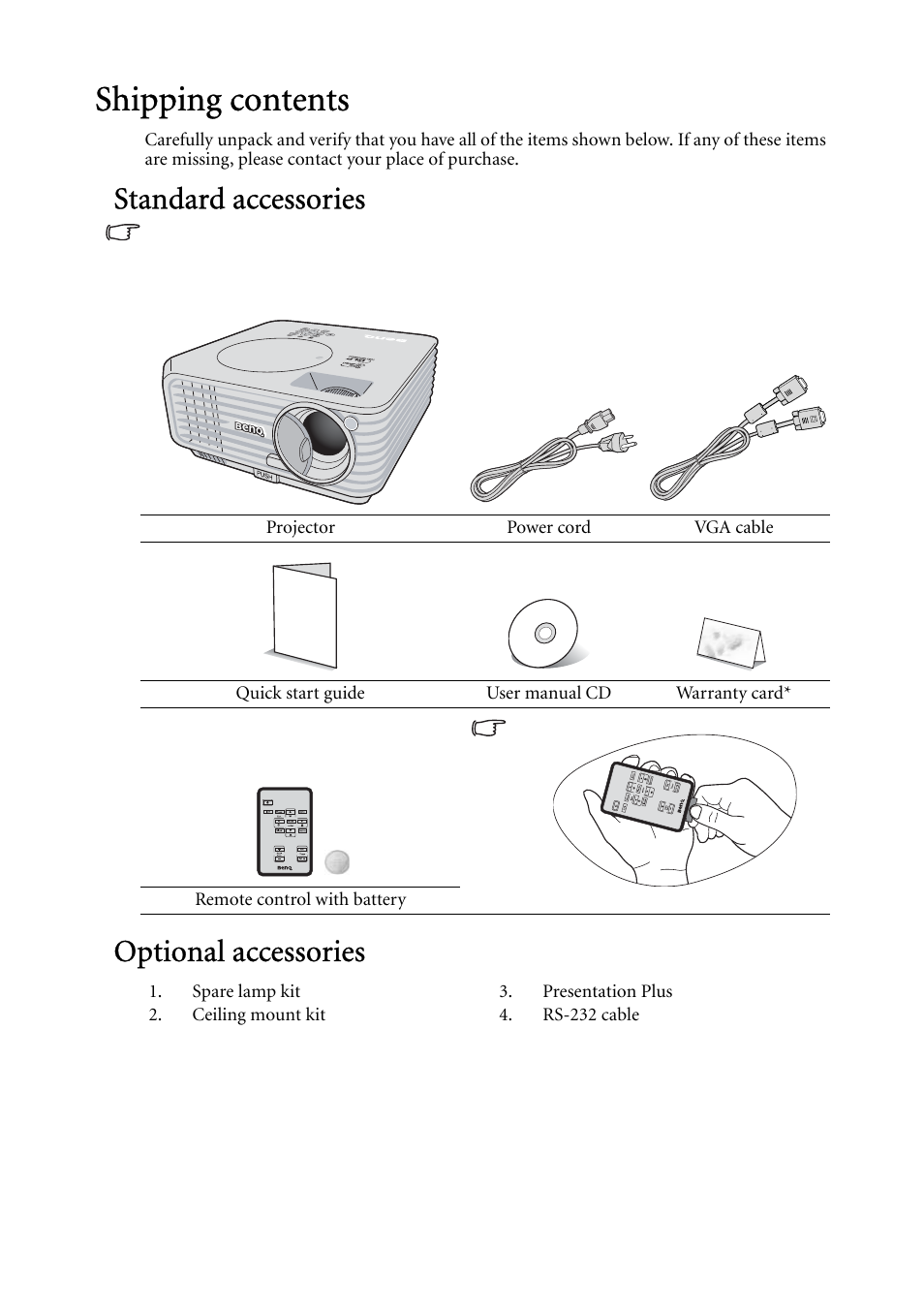 Shipping contents, Standard accessories, Optional accessories | BenQ MP624 User Manual | Page 8 / 62