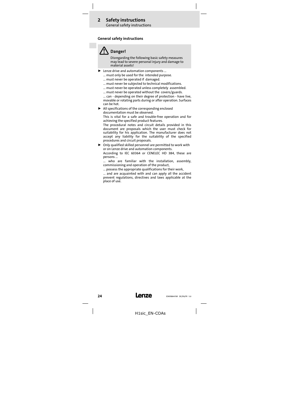 2 safety instructions, General safety instructions, Safety instructions | 2safety instructions | Lenze ERBMxxxRxxxx User Manual | Page 24 / 58