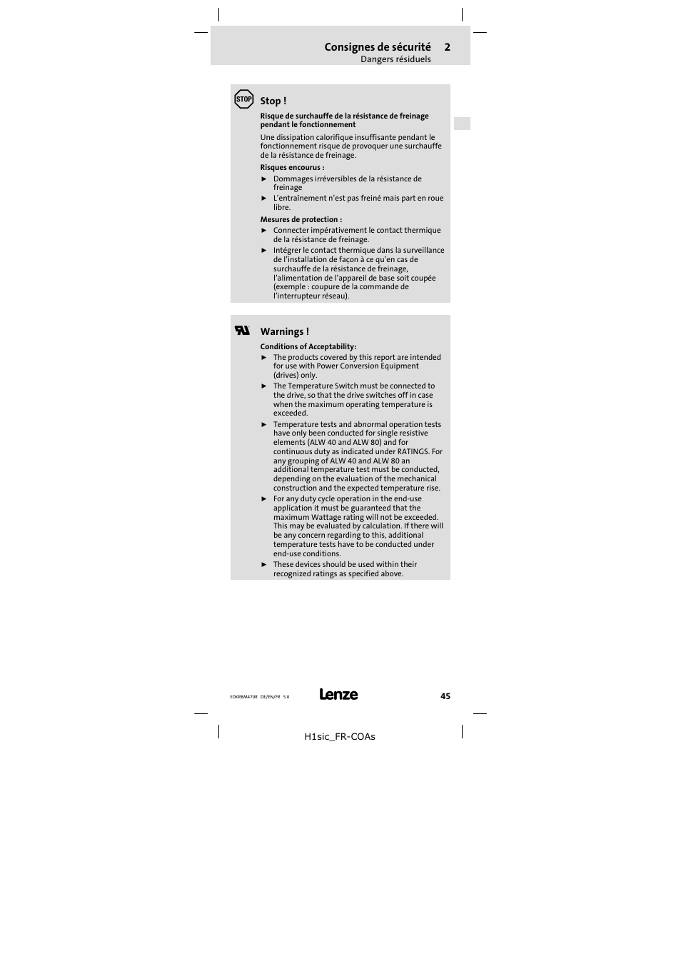 Consignes de sécurité | Lenze ERBMxxxRxxxx User Manual | Page 45 / 58