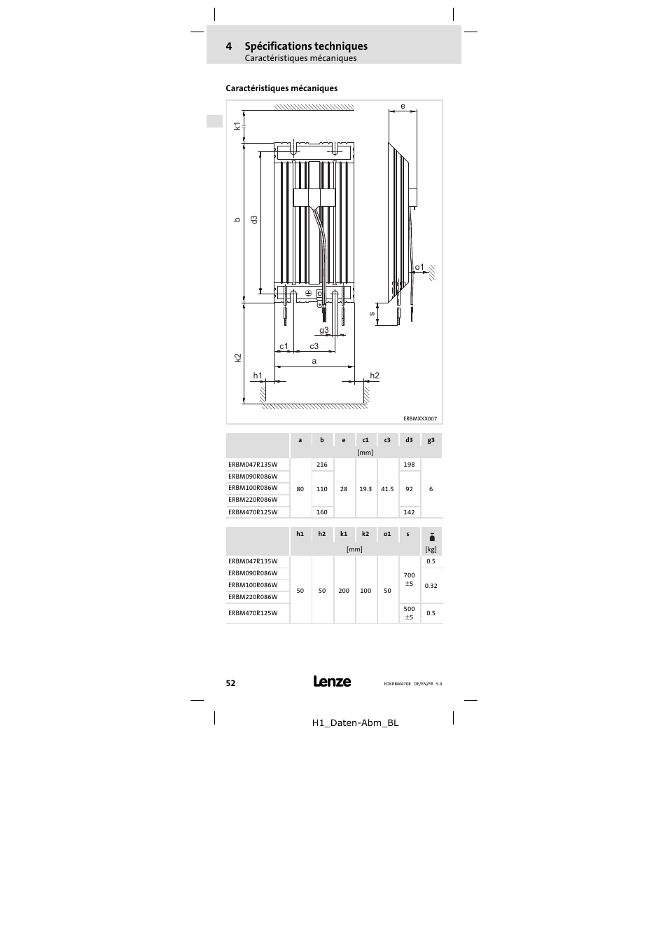 Caractéristiques mécaniques, 4spécifications techniques | Lenze ERBMxxxRxxxx User Manual | Page 52 / 58