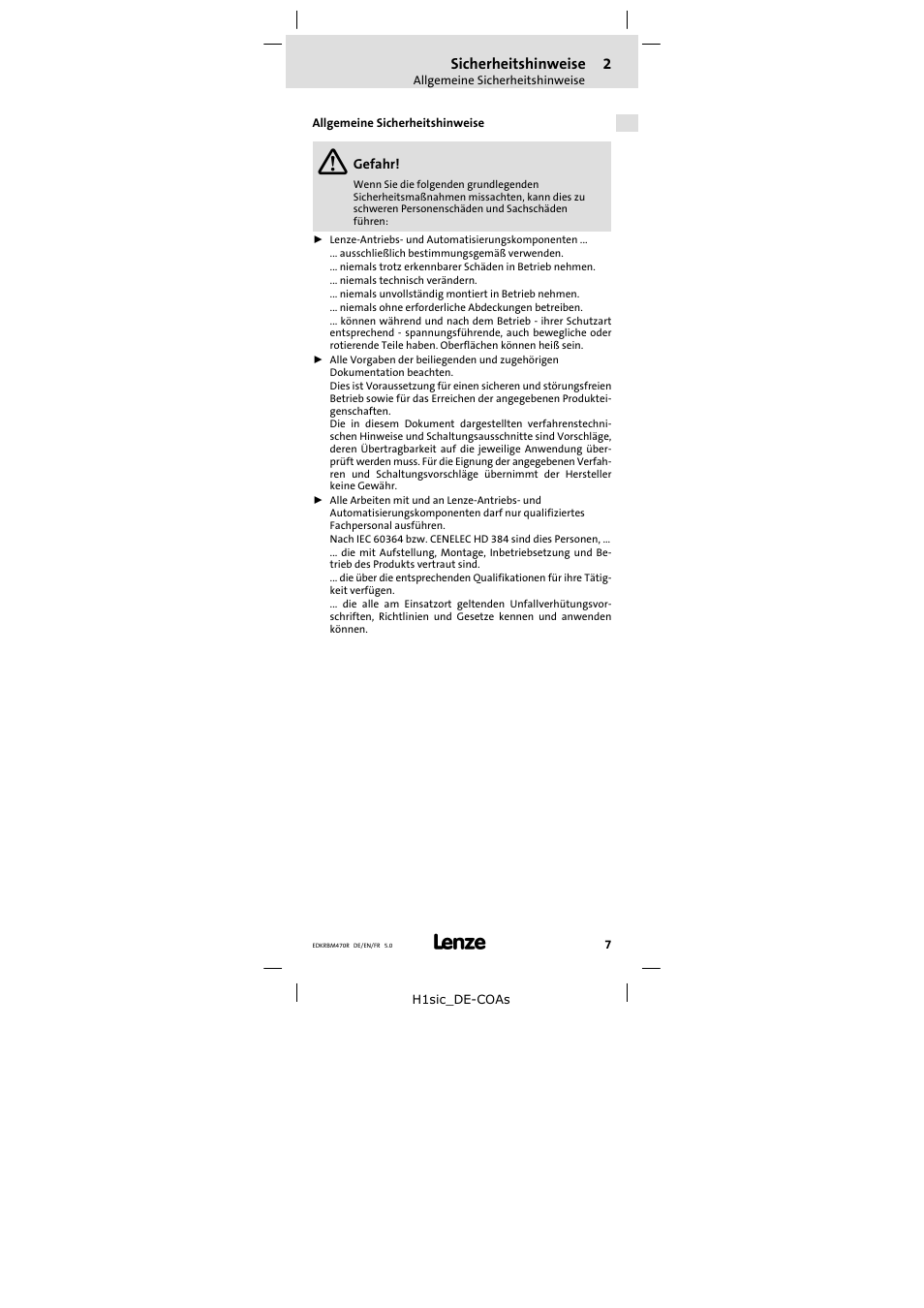 2 sicherheitshinweise, Allgemeine sicherheitshinweise, Sicherheitshinweise | Lenze ERBMxxxRxxxx User Manual | Page 7 / 58