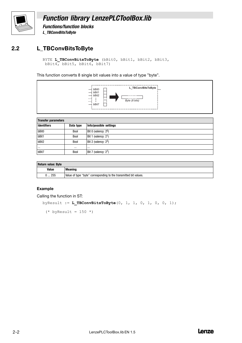 2 l_tbconvbitstobyte, L_tbconvbitstobyte, Function library lenzeplctoolbox.lib | Functions/function blocks | Lenze DDS Function library PLCToolBox User Manual | Page 10 / 26