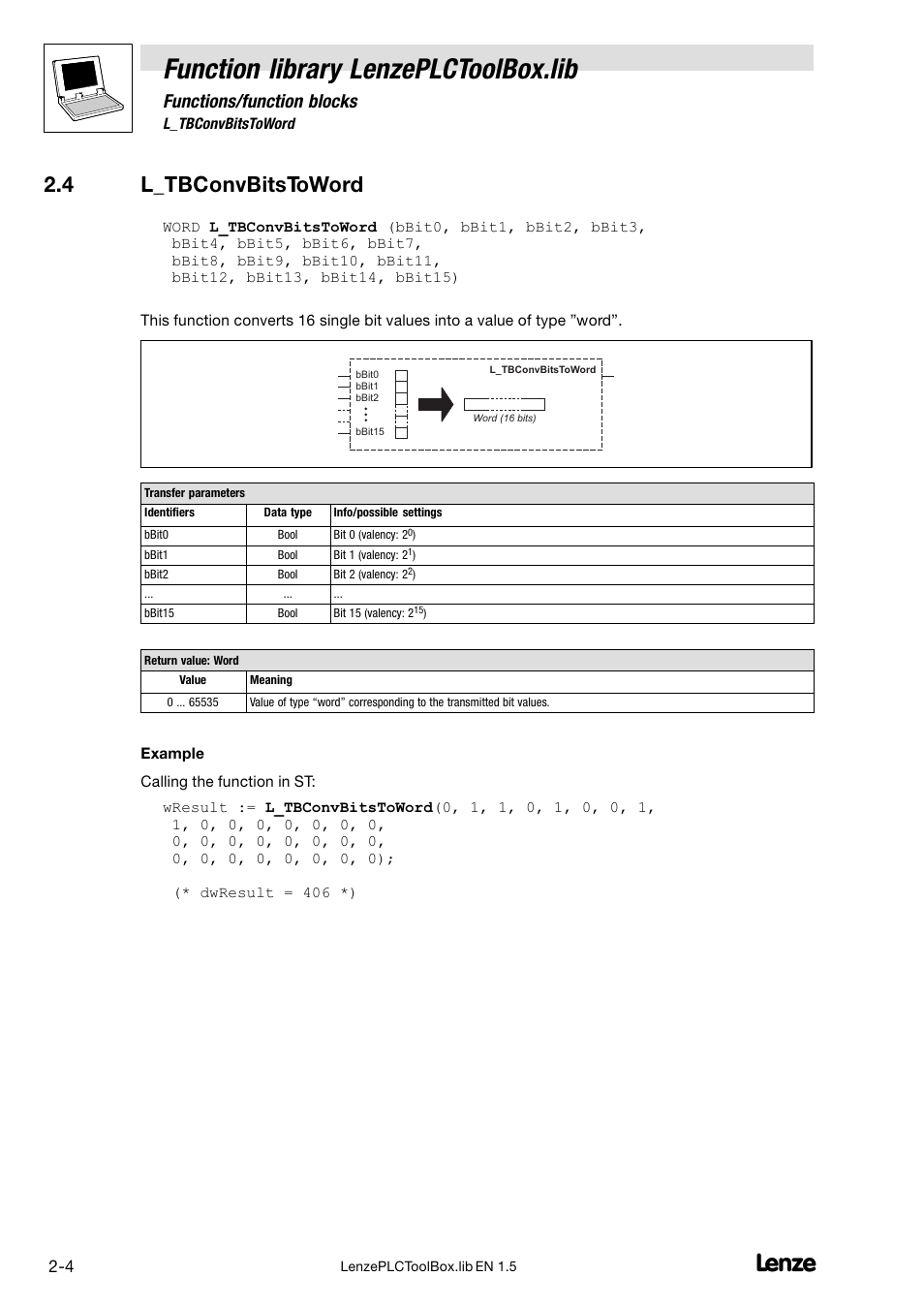 4 l_tbconvbitstoword, L_tbconvbitstoword, Function library lenzeplctoolbox.lib | Functions/function blocks | Lenze DDS Function library PLCToolBox User Manual | Page 12 / 26