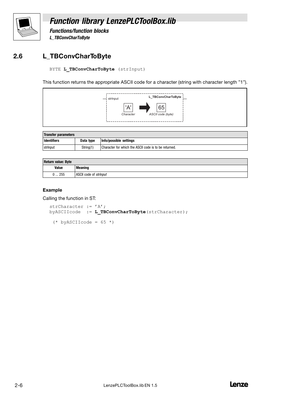6 l_tbconvchartobyte, L_tbconvchartobyte, Function library lenzeplctoolbox.lib | Functions/function blocks | Lenze DDS Function library PLCToolBox User Manual | Page 14 / 26