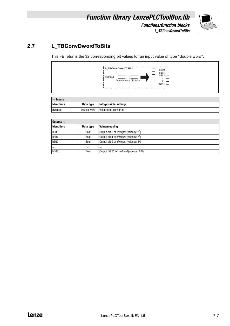 7 l_tbconvdwordtobits, L_tbconvdwordtobits, Function library lenzeplctoolbox.lib | Functions/function blocks | Lenze DDS Function library PLCToolBox User Manual | Page 15 / 26