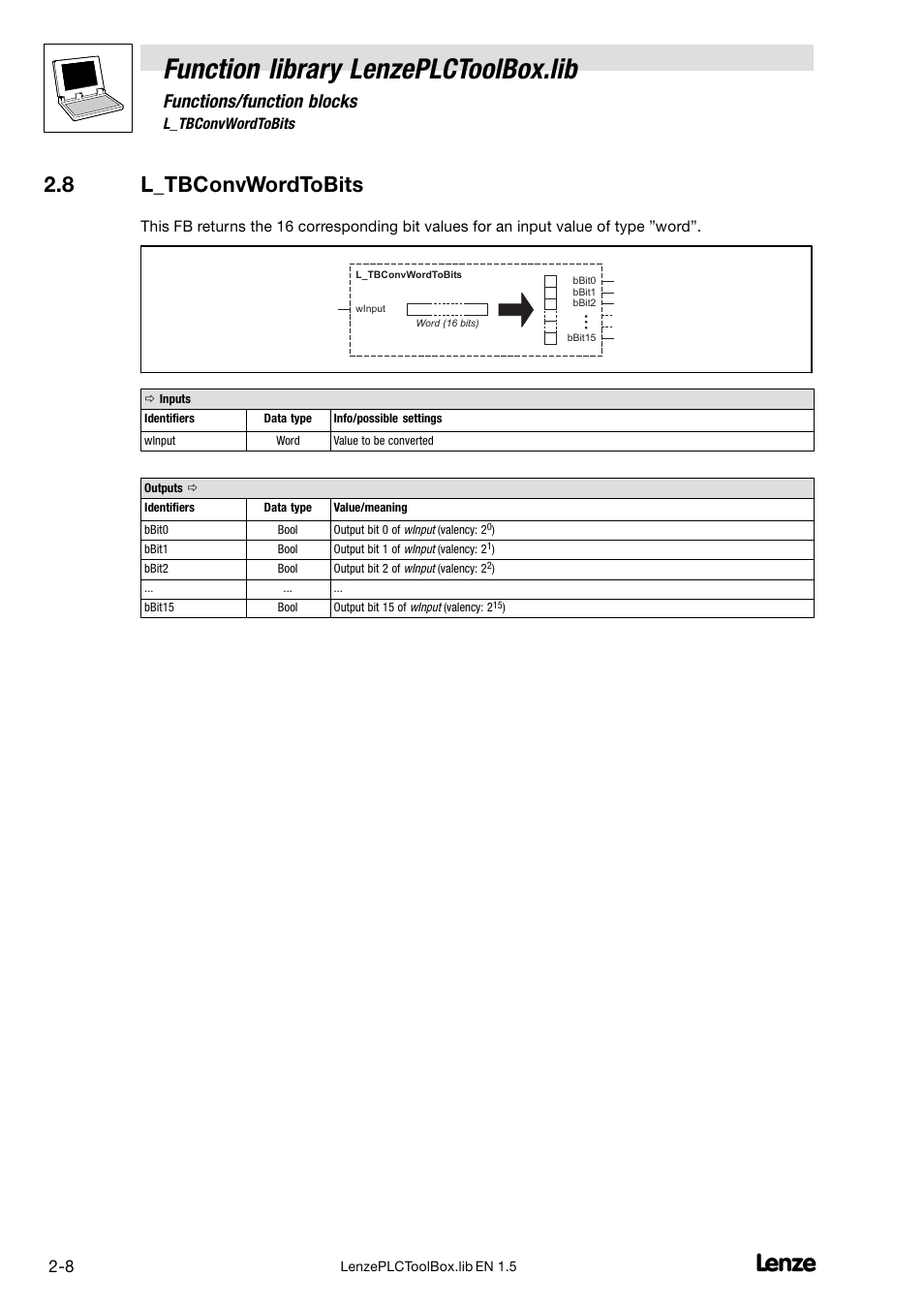 8 l_tbconvwordtobits, L_tbconvwordtobits, Function library lenzeplctoolbox.lib | Functions/function blocks | Lenze DDS Function library PLCToolBox User Manual | Page 16 / 26