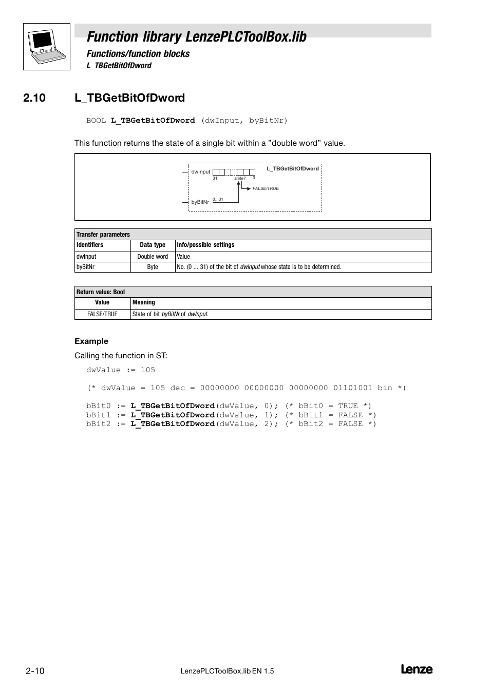 10 l_tbgetbitofdword, Function library lenzeplctoolbox.lib, Functions/function blocks | Lenze DDS Function library PLCToolBox User Manual | Page 18 / 26