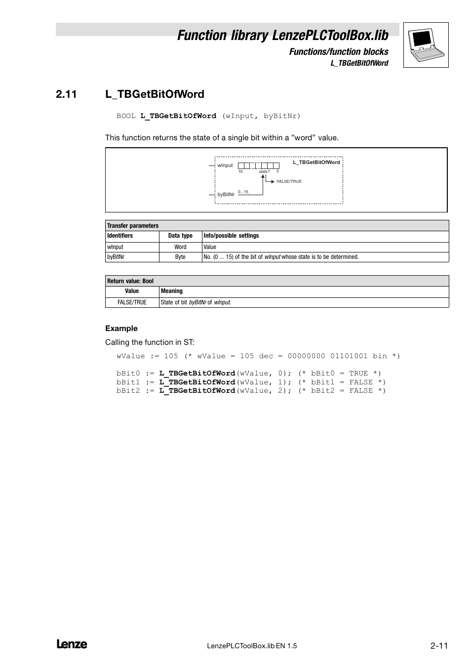 11 l_tbgetbitofword, Function library lenzeplctoolbox.lib, Functions/function blocks | Lenze DDS Function library PLCToolBox User Manual | Page 19 / 26