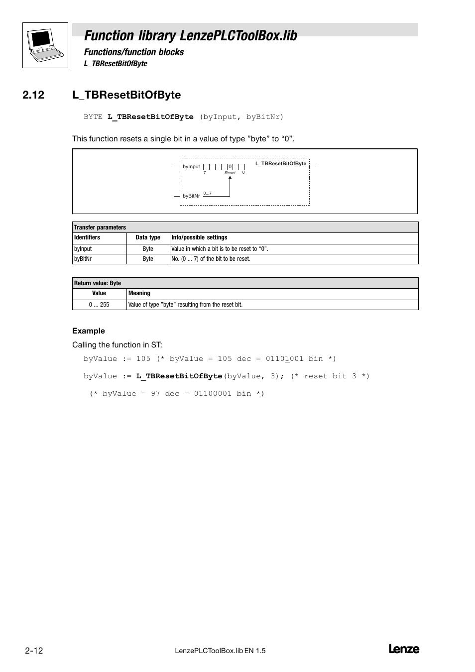 12 l_tbresetbitofbyte, Function library lenzeplctoolbox.lib, Functions/function blocks | Lenze DDS Function library PLCToolBox User Manual | Page 20 / 26