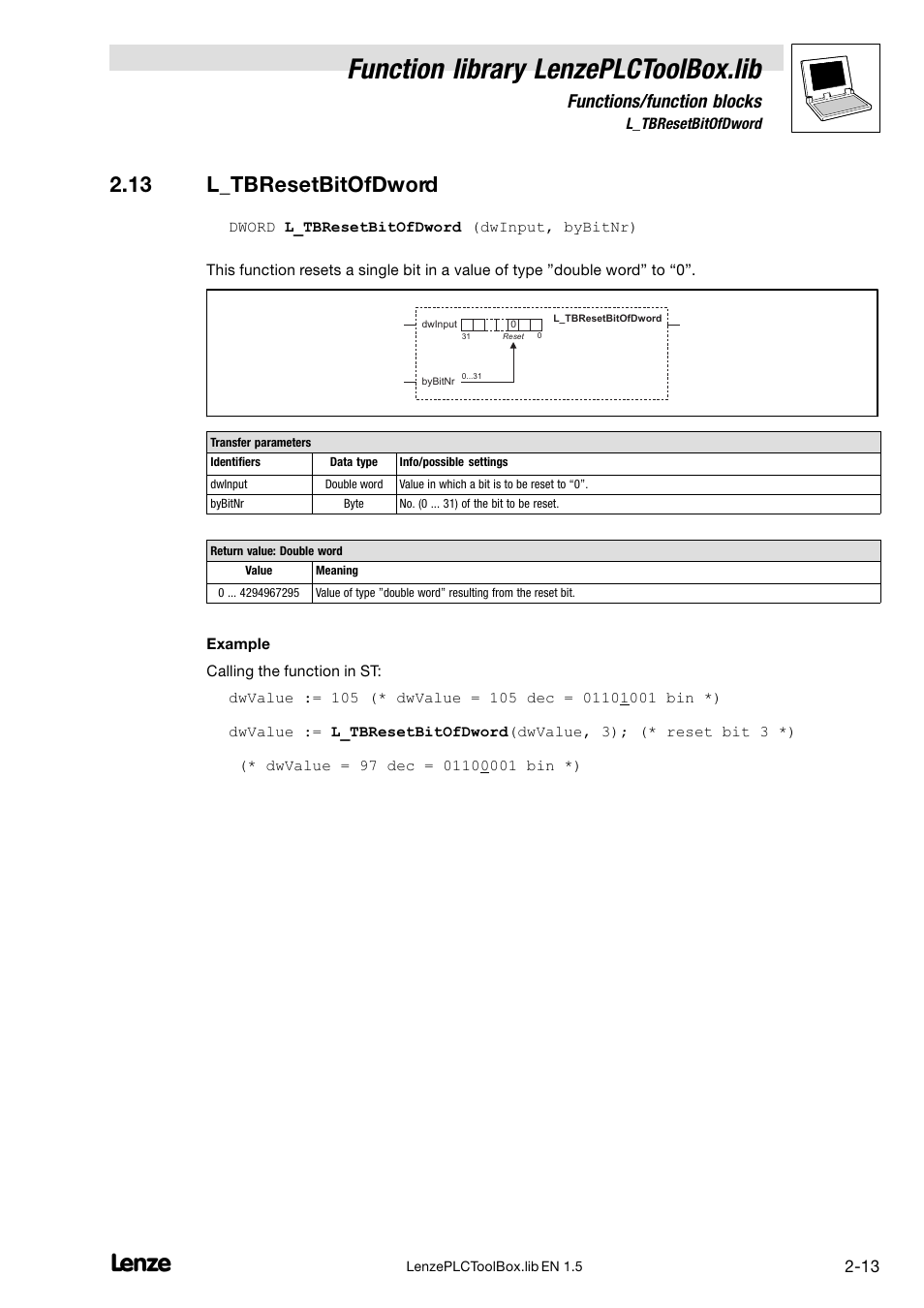 13 l_tbresetbitofdword, Function library lenzeplctoolbox.lib, Functions/function blocks | Lenze DDS Function library PLCToolBox User Manual | Page 21 / 26