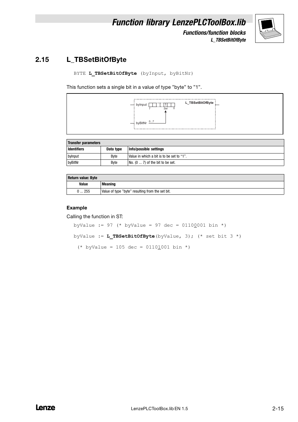 15 l_tbsetbitofbyte, Function library lenzeplctoolbox.lib, Functions/function blocks | Lenze DDS Function library PLCToolBox User Manual | Page 23 / 26