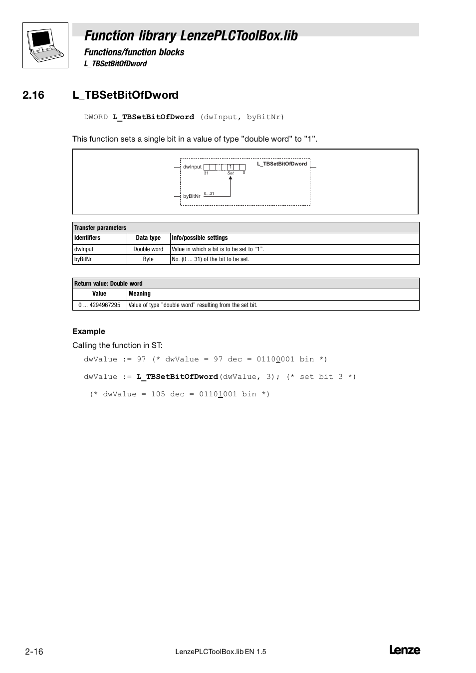 16 l_tbsetbitofdword, Function library lenzeplctoolbox.lib, Functions/function blocks | Lenze DDS Function library PLCToolBox User Manual | Page 24 / 26