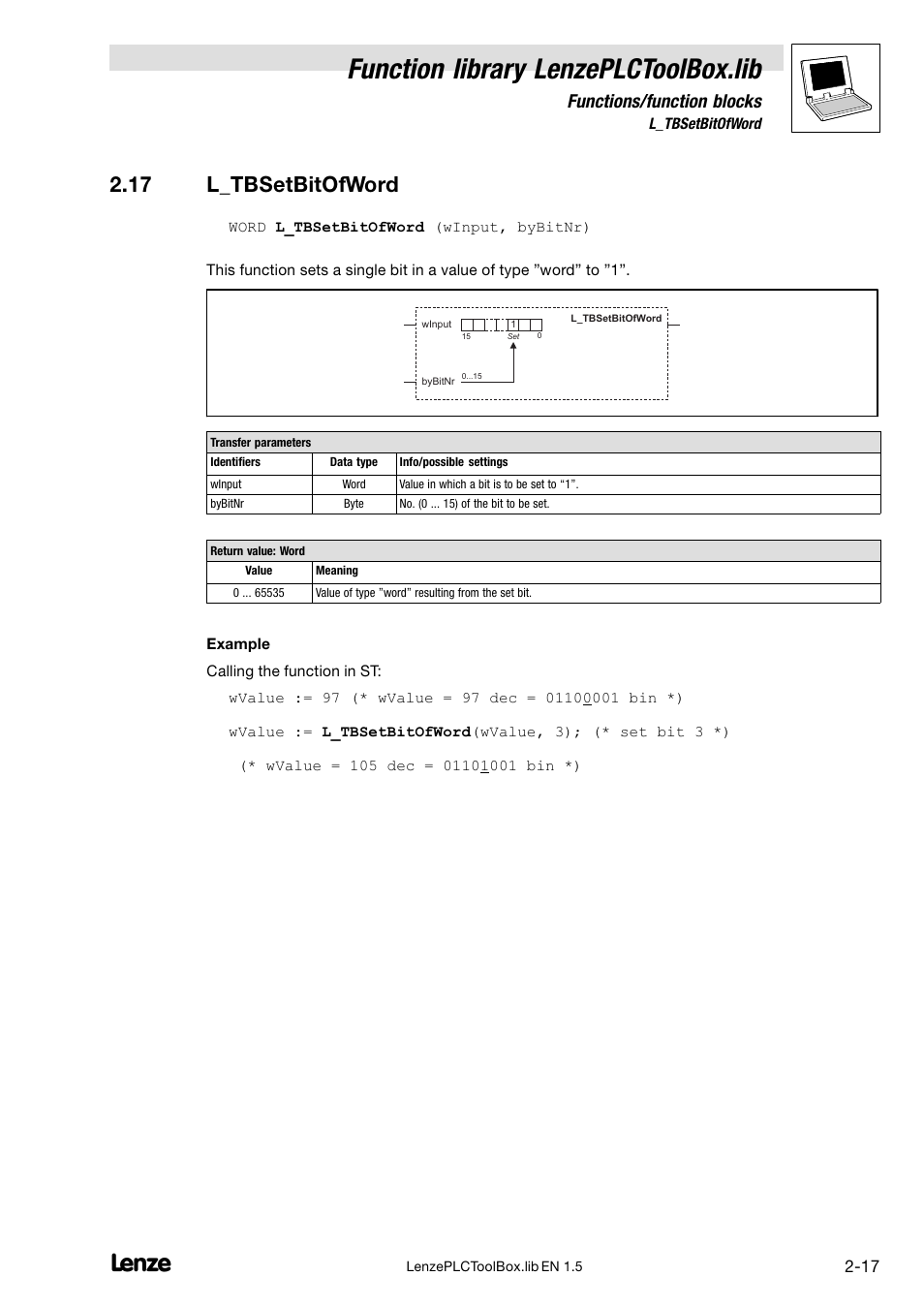 17 l_tbsetbitofword, Function library lenzeplctoolbox.lib, Functions/function blocks | Lenze DDS Function library PLCToolBox User Manual | Page 25 / 26