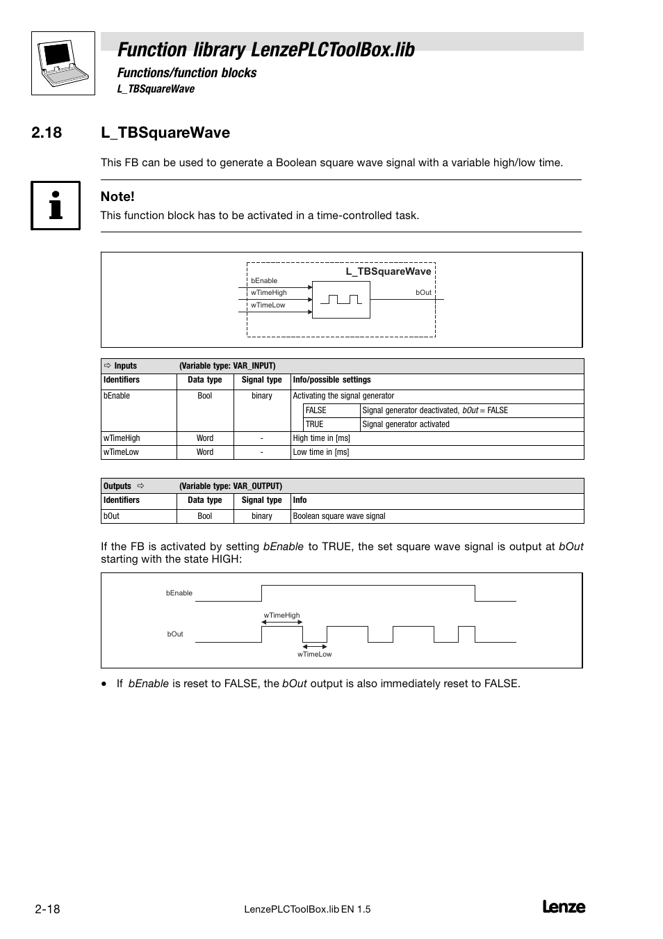 18 l_tbsquarewave, Function library lenzeplctoolbox.lib, Functions/function blocks | Lenze DDS Function library PLCToolBox User Manual | Page 26 / 26