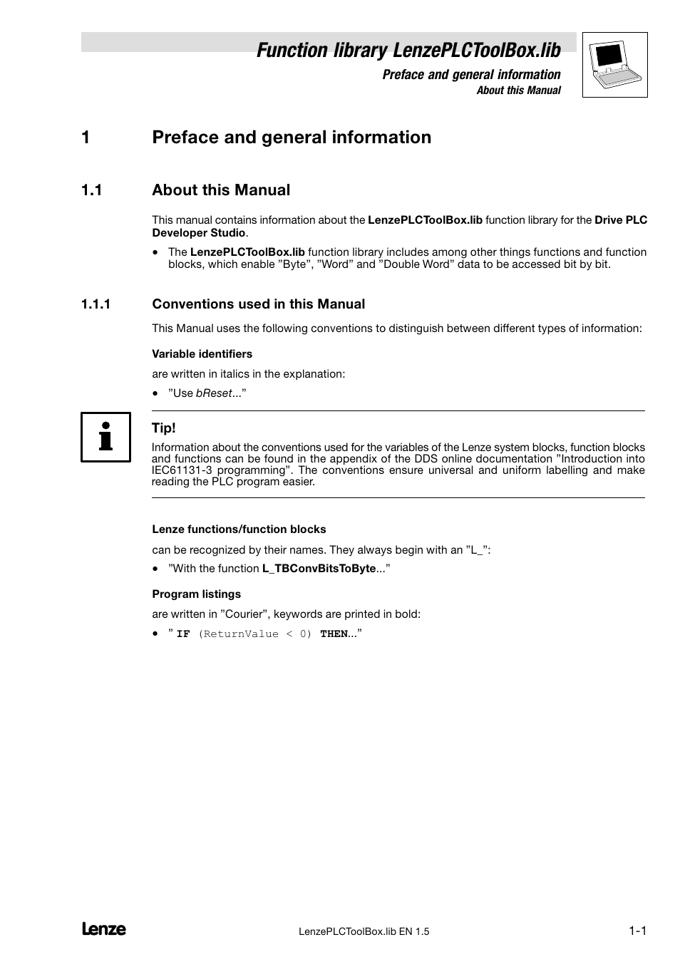 1 preface and general information, 1 about this manual, 1 conventions used in this manual | About this manual, Conventions used in this manual, Function library lenzeplctoolbox.lib, 1preface and general information | Lenze DDS Function library PLCToolBox User Manual | Page 5 / 26