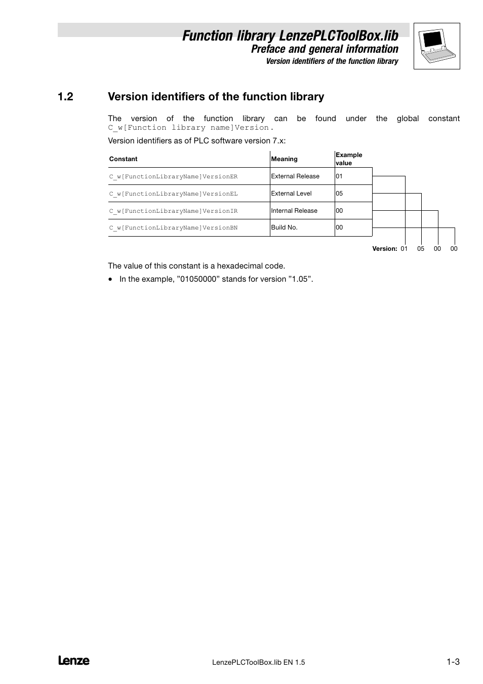 2 version identifiers of the function library, Version identifiers of the function library, Function library lenzeplctoolbox.lib | Preface and general information | Lenze DDS Function library PLCToolBox User Manual | Page 7 / 26